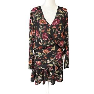 A.L.C. Dress Womens 6 Black Floral Silk Wrap Ruched Ruffle Mini‎ Long Sleeve